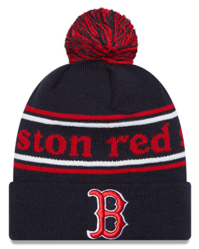 Boston Red Sox Navy New Era Marquee Cuffed Knit Hat with Pom Official Team Hat Sports Fan Cap Official MLB Team Hat Baseball Fan Cap