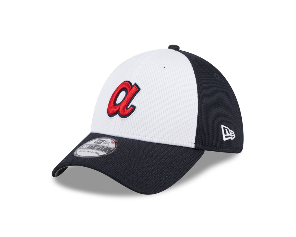 Mens New Era Atlanta Braves White Navy 2024 Batting Practice 39Thirty Flex Fit Cap Official Team Hat Sports Fan Cap Official MLB Team Hat Baseball