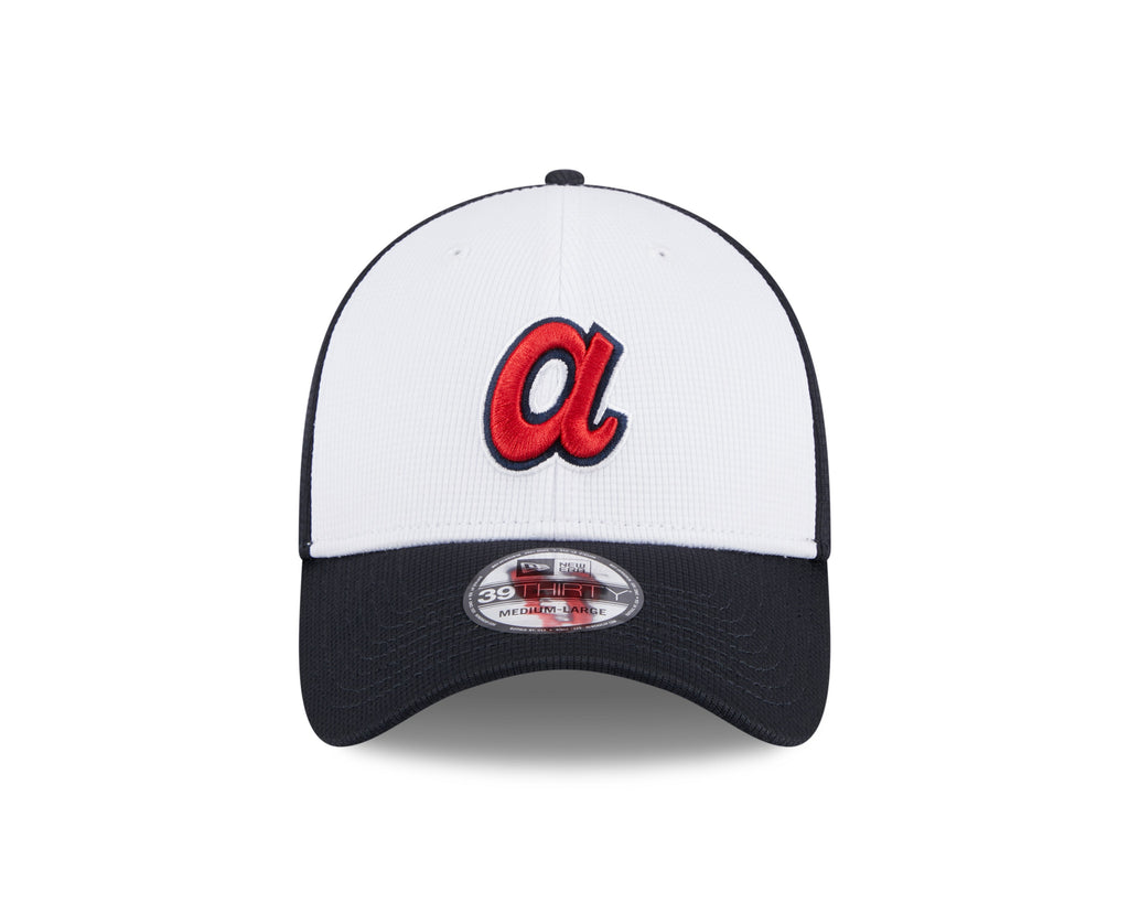 Mens New Era Atlanta Braves White Navy 2024 Batting Practice 39Thirty Flex Fit Cap Official Team Hat Sports Fan Cap Official MLB Team Hat Baseball