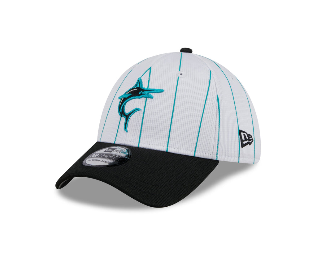 Men s Miami Marlins New Era 2024 Batting Practice White Black 39THIRTY Flex-Fit Hat Official Team Hat Sports Fan Cap Official MLB Team Hat Baseball