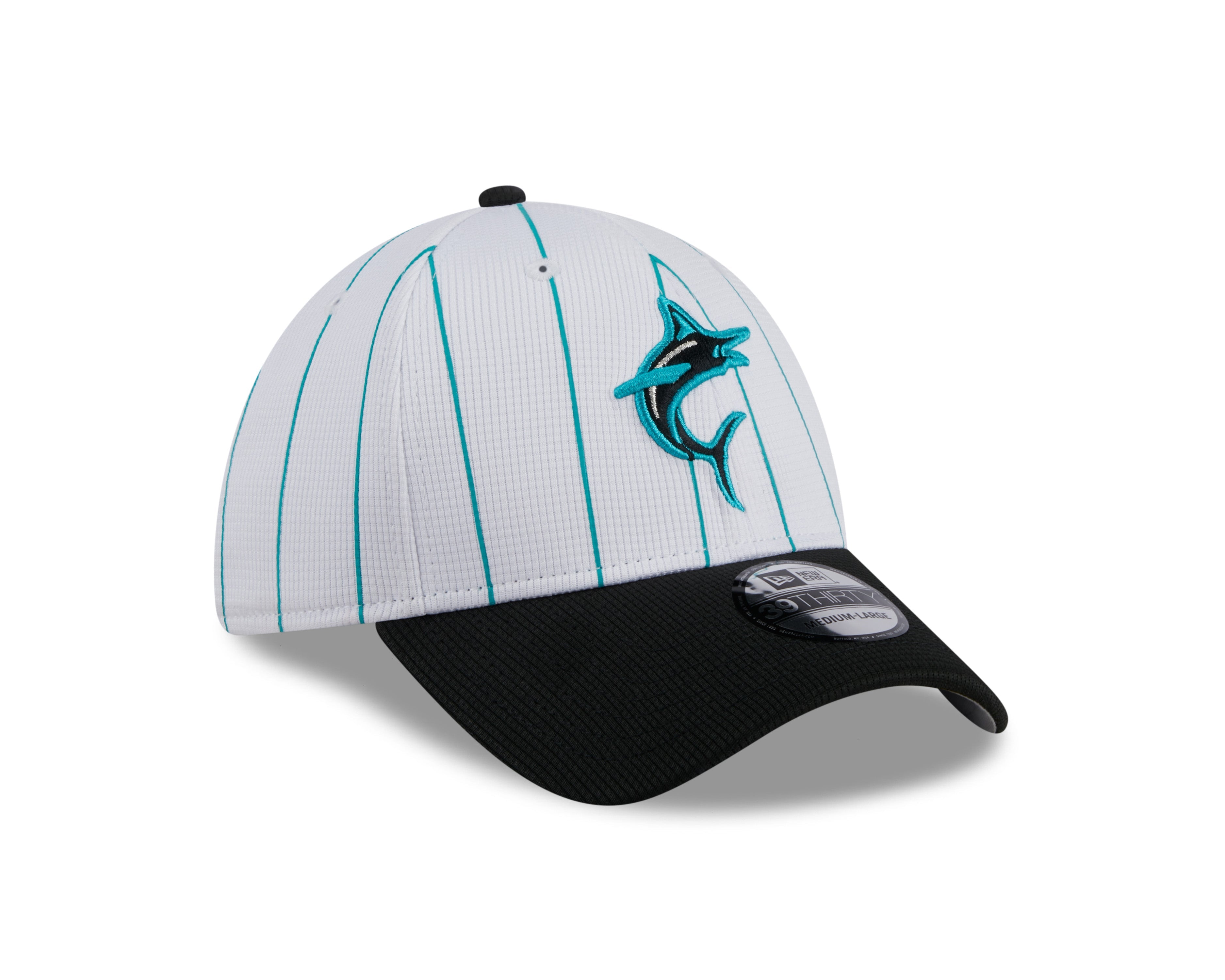 Men s Miami Marlins New Era 2024 Batting Practice White Black 39THIRTY Flex-Fit Hat Official Team Hat Sports Fan Cap Official MLB Team Hat Baseball