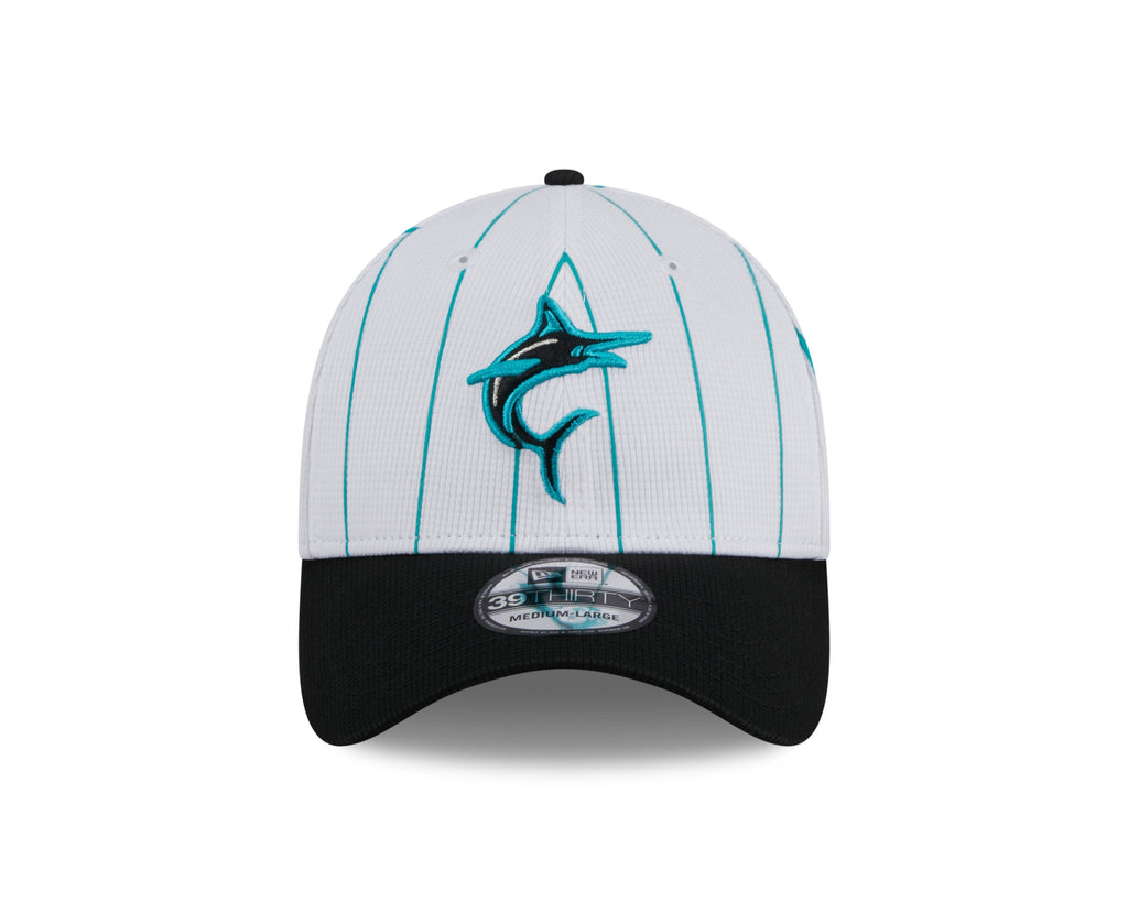 Men s Miami Marlins New Era 2024 Batting Practice White Black 39THIRTY Flex-Fit Hat Official Team Hat Sports Fan Cap Official MLB Team Hat Baseball