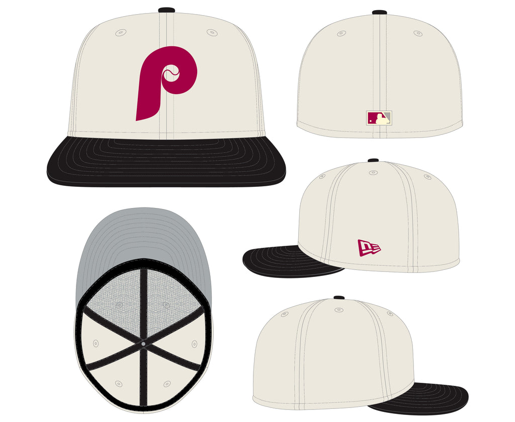 Philadelphia Phillies Cooperstown Collection Cream Black Leather Visor New Era 59FIFTY Fitted Hat Official Team Hat Sports Fan Cap Official MLB Team