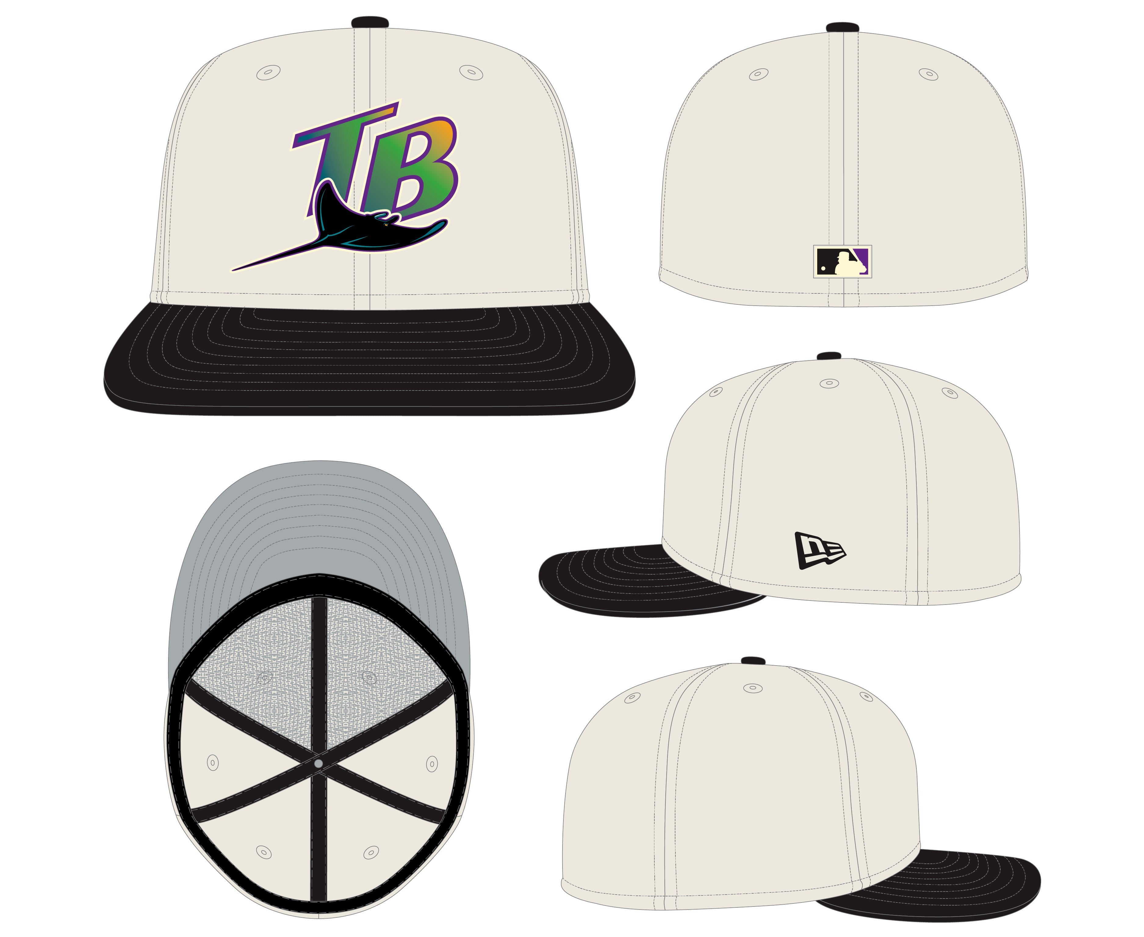 Tampa Bay Devil Rays Cooperstown Collection Cream Black Leather Visor New Era 59FIFTY Fitted Hat Official Team Hat Sports Fan Cap Official MLB Team