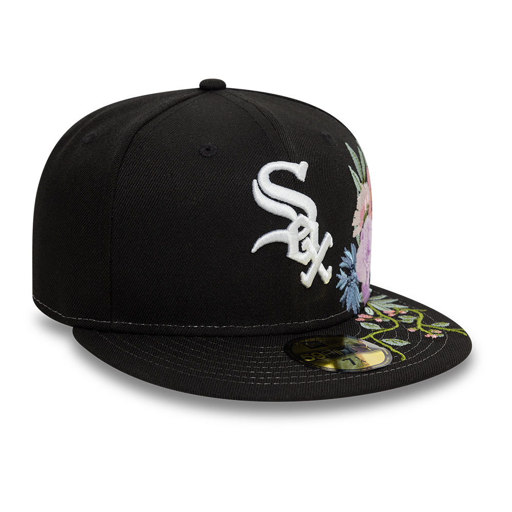 Chicago White Sox MLB Floral 59Fifty New Era Black White Official Team Hat Sports Fan Cap Official MLB Team Hat Baseball Fan Cap