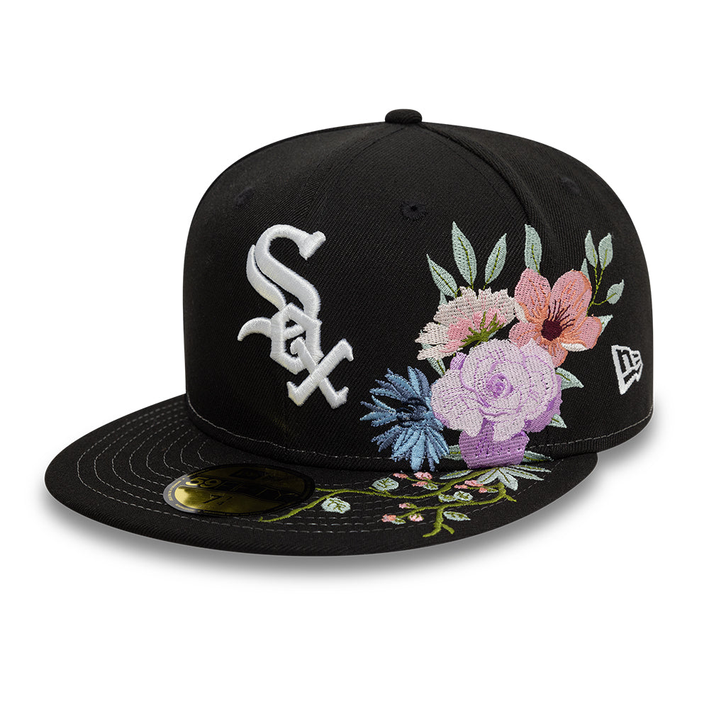 Chicago White Sox MLB Floral 59Fifty New Era Black White Official Team Hat Sports Fan Cap Official MLB Team Hat Baseball Fan Cap