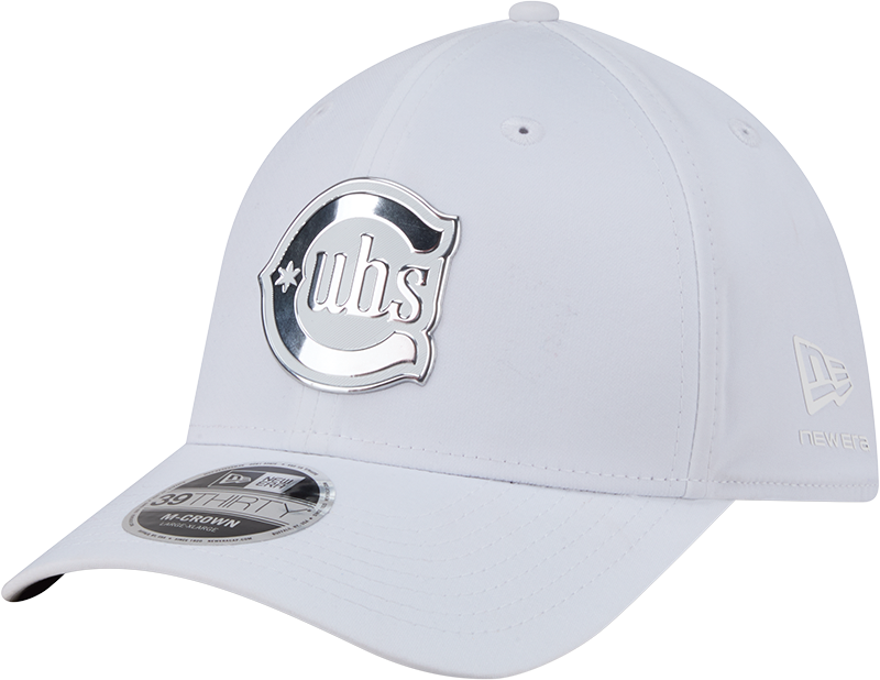 Chicago Cubs New Era M-Crown 39Thirty Alternate 2 Metallic White Performance Flex Fit Hat Official Team Hat Sports Fan Cap Official MLB Team Hat
