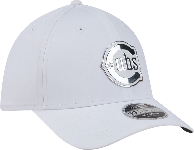 Chicago Cubs New Era M-Crown 39Thirty Alternate 2 Metallic White Performance Flex Fit Hat Official Team Hat Sports Fan Cap Official MLB Team Hat