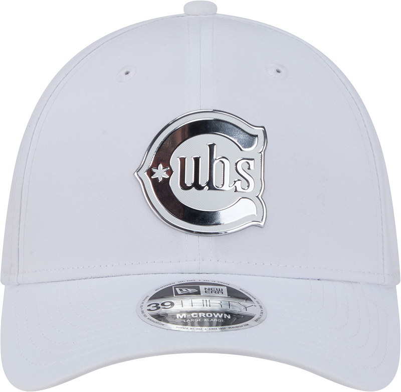 Chicago Cubs New Era M-Crown 39Thirty Alternate 2 Metallic White Performance Flex Fit Hat Official Team Hat Sports Fan Cap Official MLB Team Hat