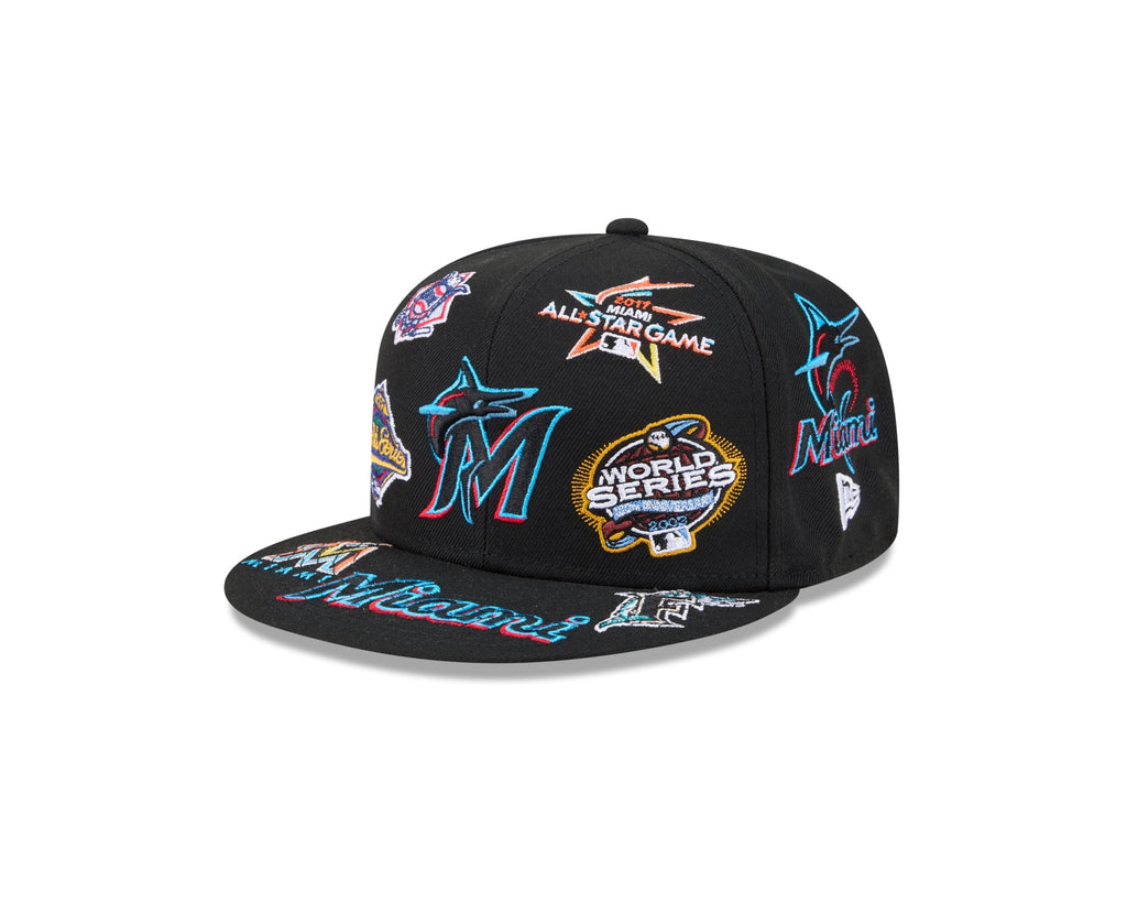 Miami Marlins MLB All Over Patch 59FIFTY New Era Official Team Hat Sports Fan Cap Official MLB Team Hat Baseball Fan Cap