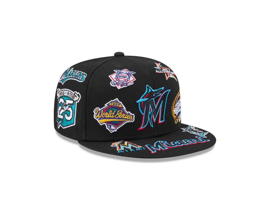 Miami Marlins MLB All Over Patch 59FIFTY New Era Official Team Hat Sports Fan Cap Official MLB Team Hat Baseball Fan Cap