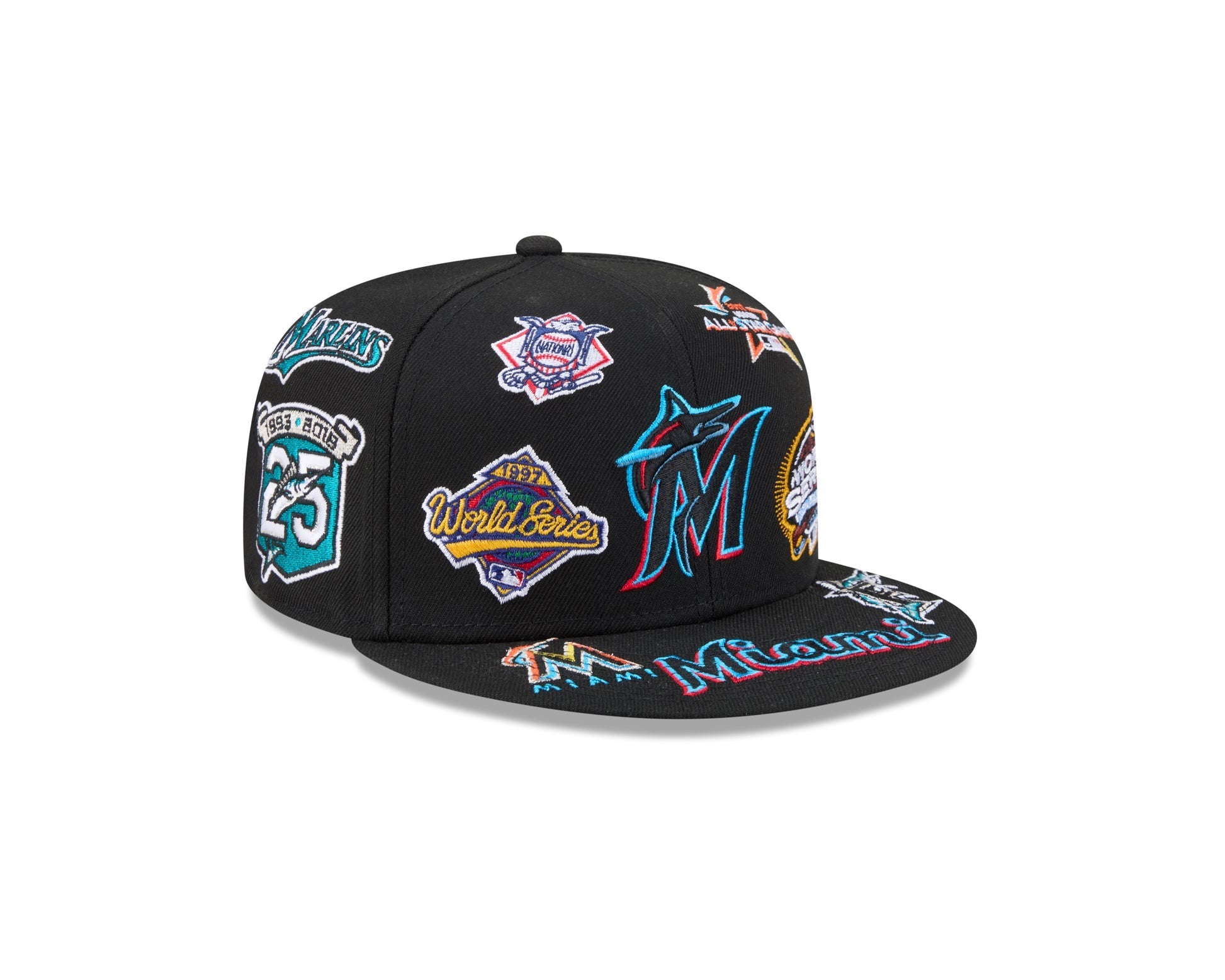 Miami Marlins MLB All Over Patch 59FIFTY New Era Official Team Hat Sports Fan Cap Official MLB Team Hat Baseball Fan Cap