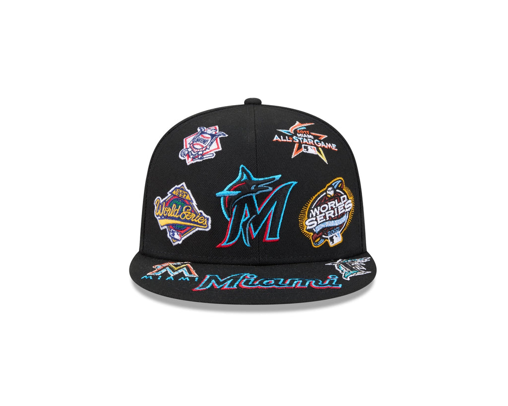 Miami Marlins MLB All Over Patch 59FIFTY New Era Official Team Hat Sports Fan Cap Official MLB Team Hat Baseball Fan Cap