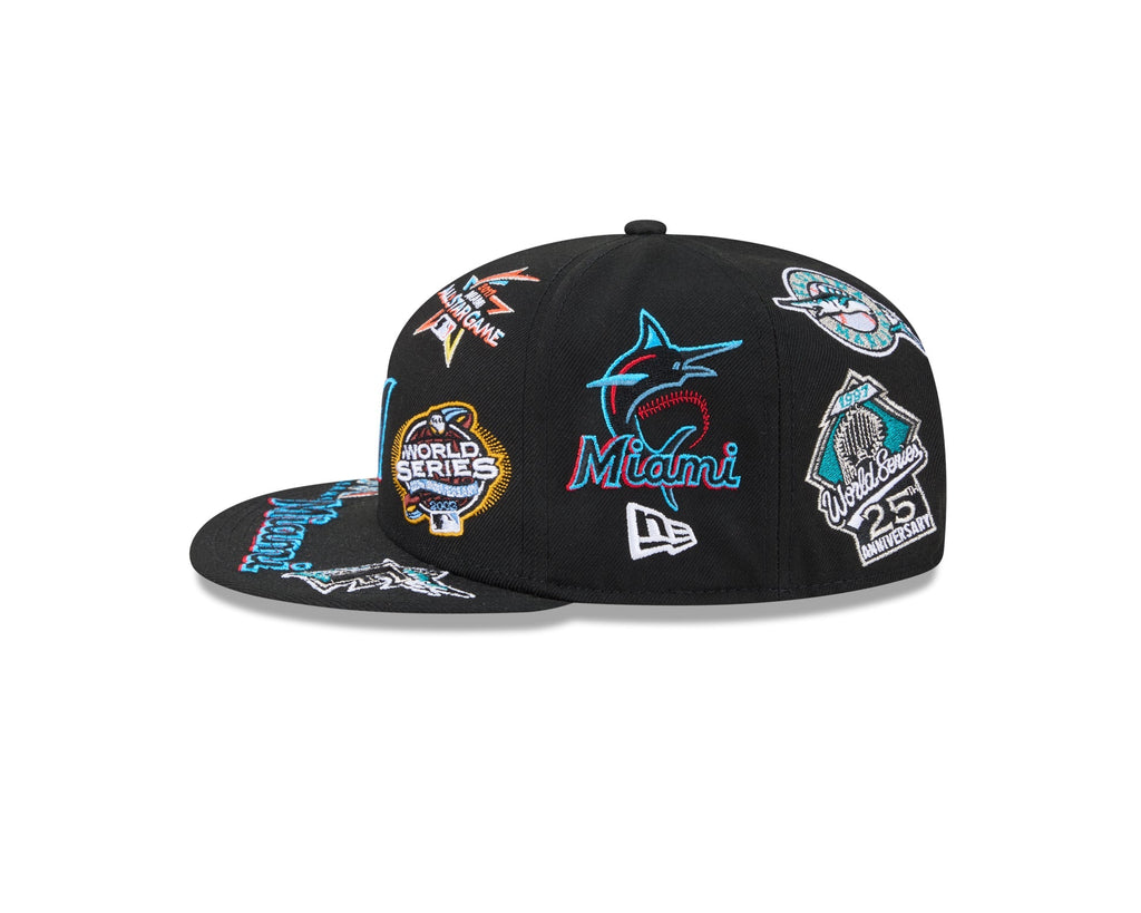 Miami Marlins MLB All Over Patch 59FIFTY New Era Official Team Hat Sports Fan Cap Official MLB Team Hat Baseball Fan Cap
