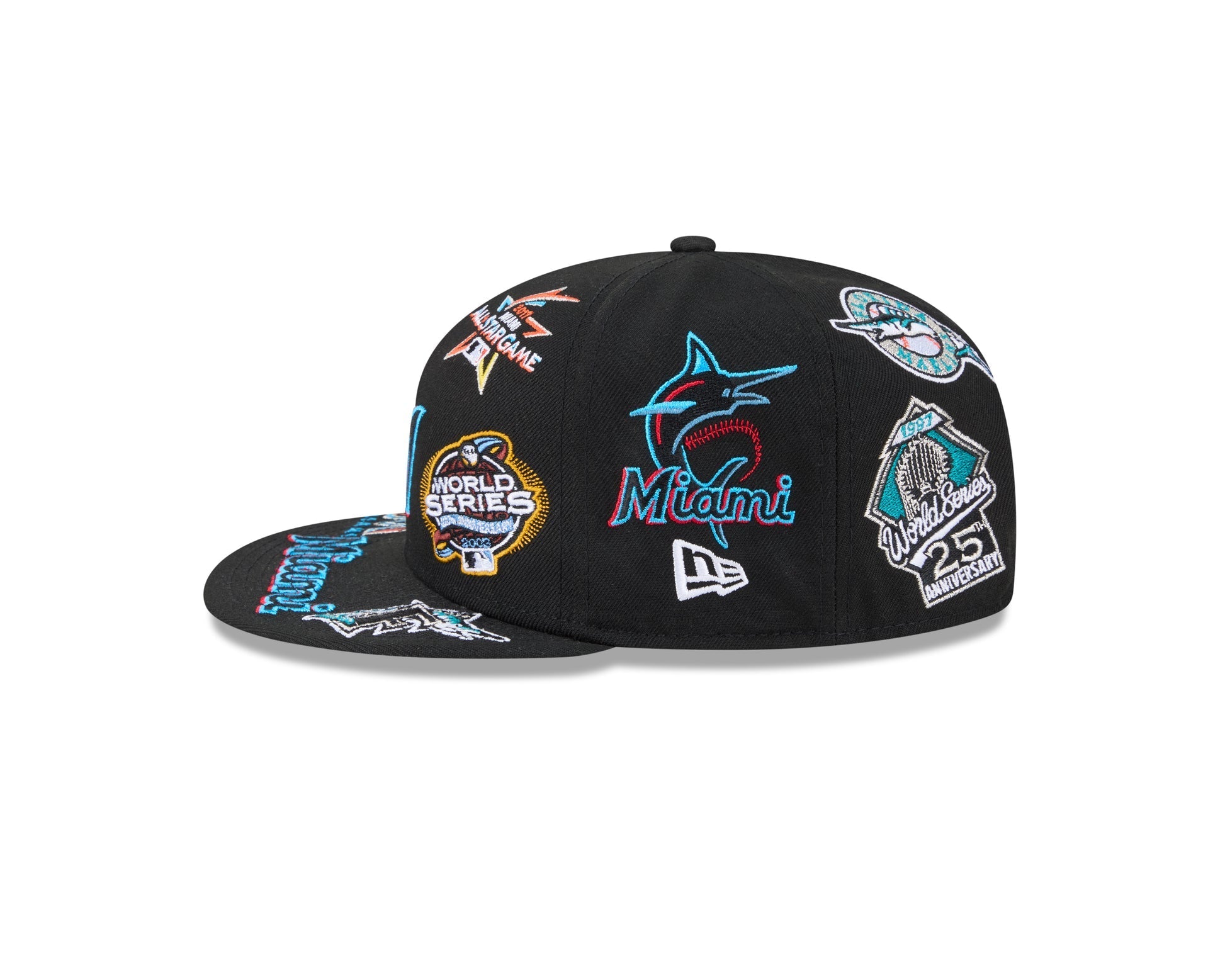 Miami Marlins MLB All Over Patch 59FIFTY New Era Official Team Hat Sports Fan Cap Official MLB Team Hat Baseball Fan Cap