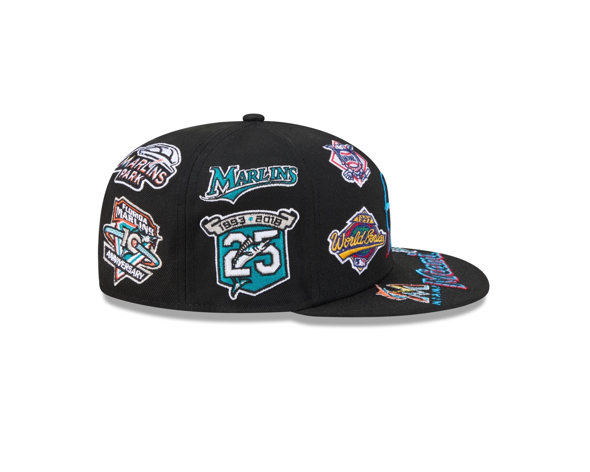 Miami Marlins MLB All Over Patch 59FIFTY New Era Official Team Hat Sports Fan Cap Official MLB Team Hat Baseball Fan Cap