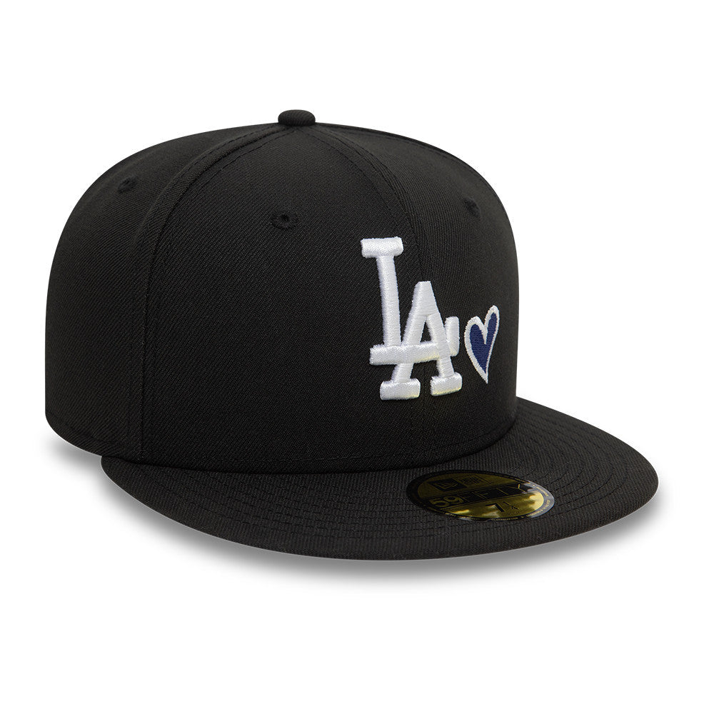 Los Angeles Dodgers MLB Heart Icon 59FIFTY Fitted New Era Black White Official Team Hat Sports Fan Cap Official MLB Team Hat Baseball Fan Cap