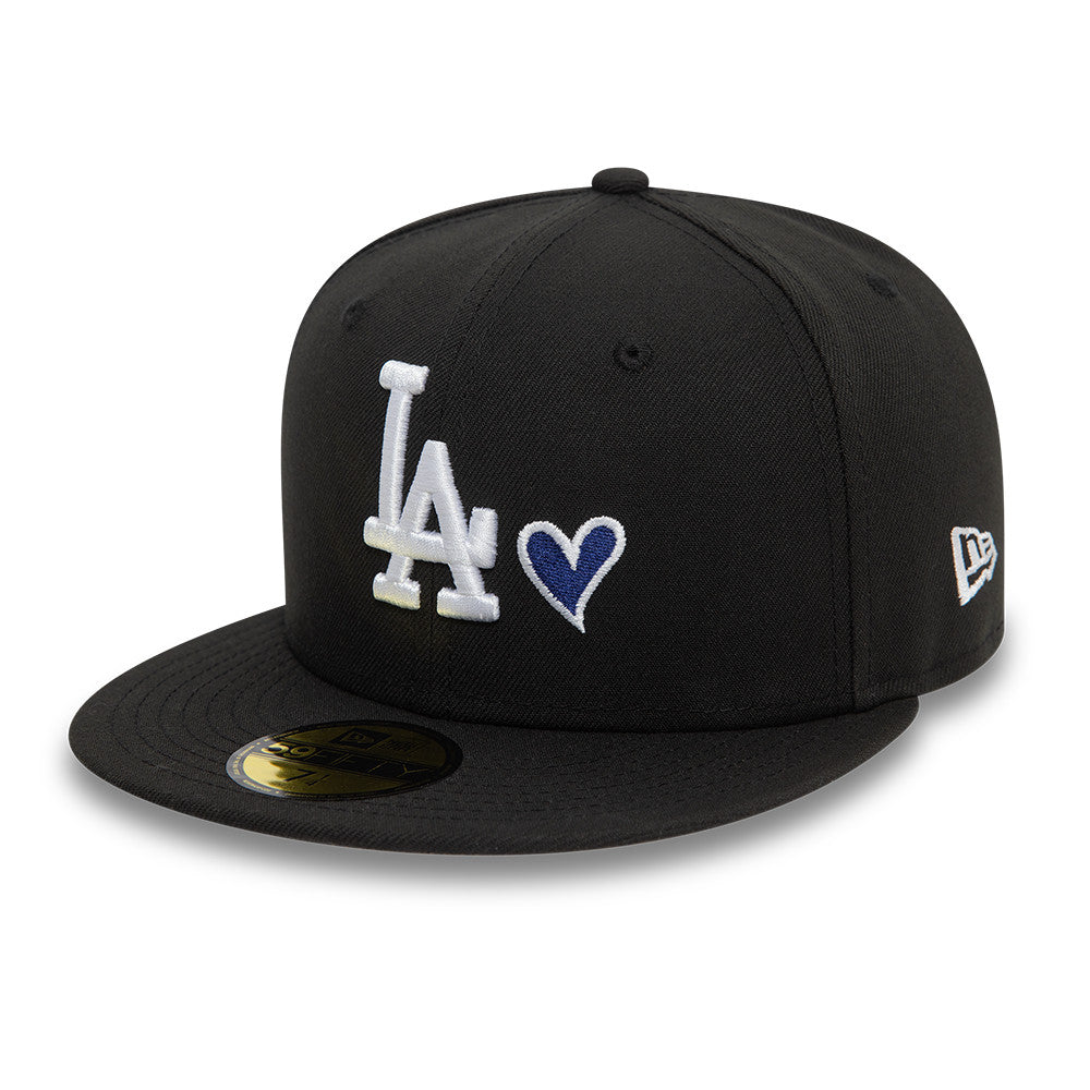 Los Angeles Dodgers MLB Heart Icon 59FIFTY Fitted New Era Black White Official Team Hat Sports Fan Cap Official MLB Team Hat Baseball Fan Cap