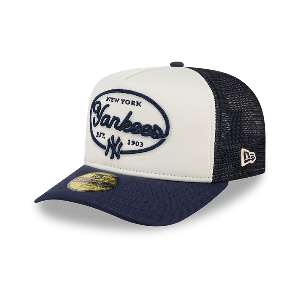 New York Yankees MLB 5950 Day Fitted Trucker A-Frame New Era White Navy Official Team Hat Sports Fan Cap Official MLB Team Hat Baseball Fan Cap