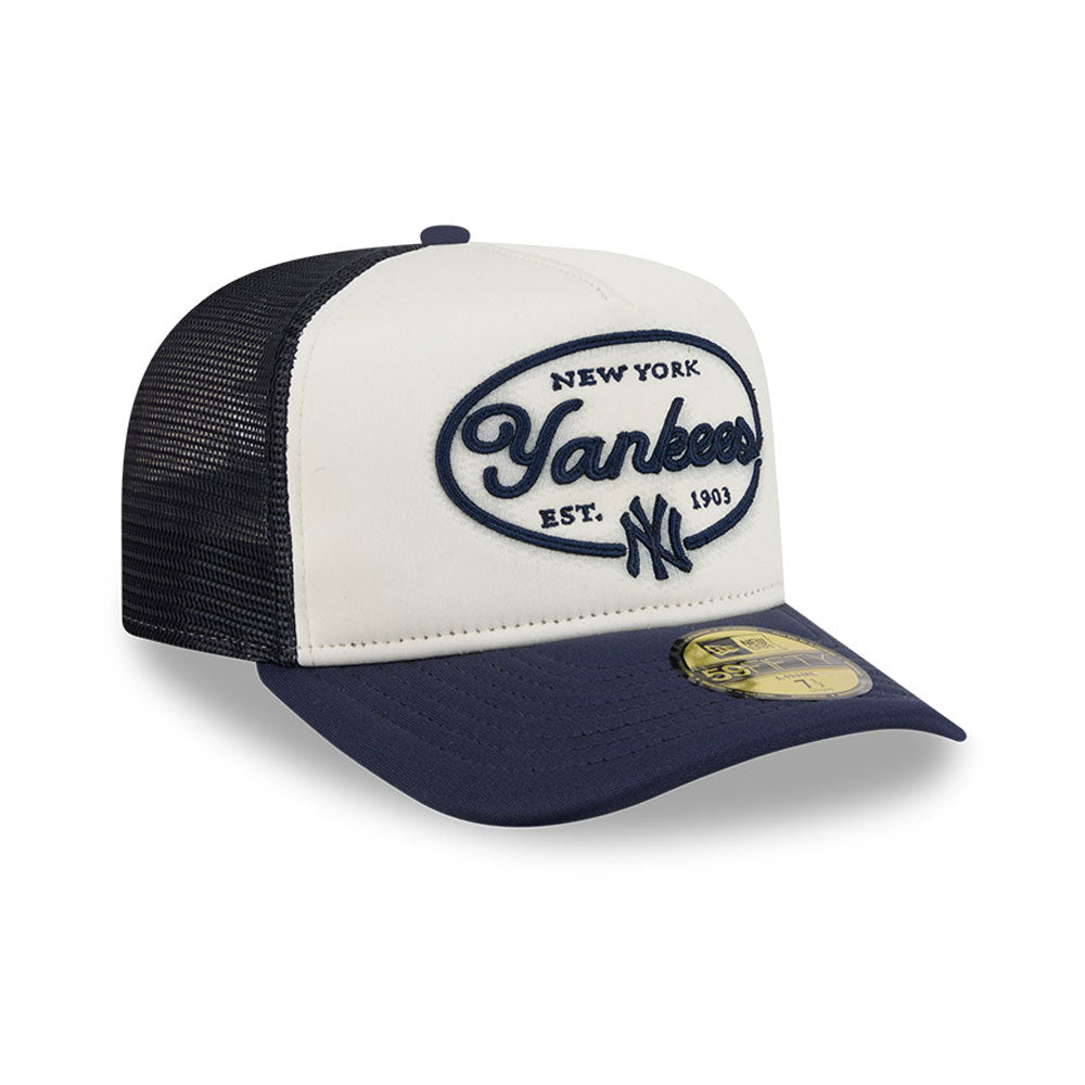 New York Yankees MLB 5950 Day Fitted Trucker A-Frame New Era White Navy Official Team Hat Sports Fan Cap Official MLB Team Hat Baseball Fan Cap