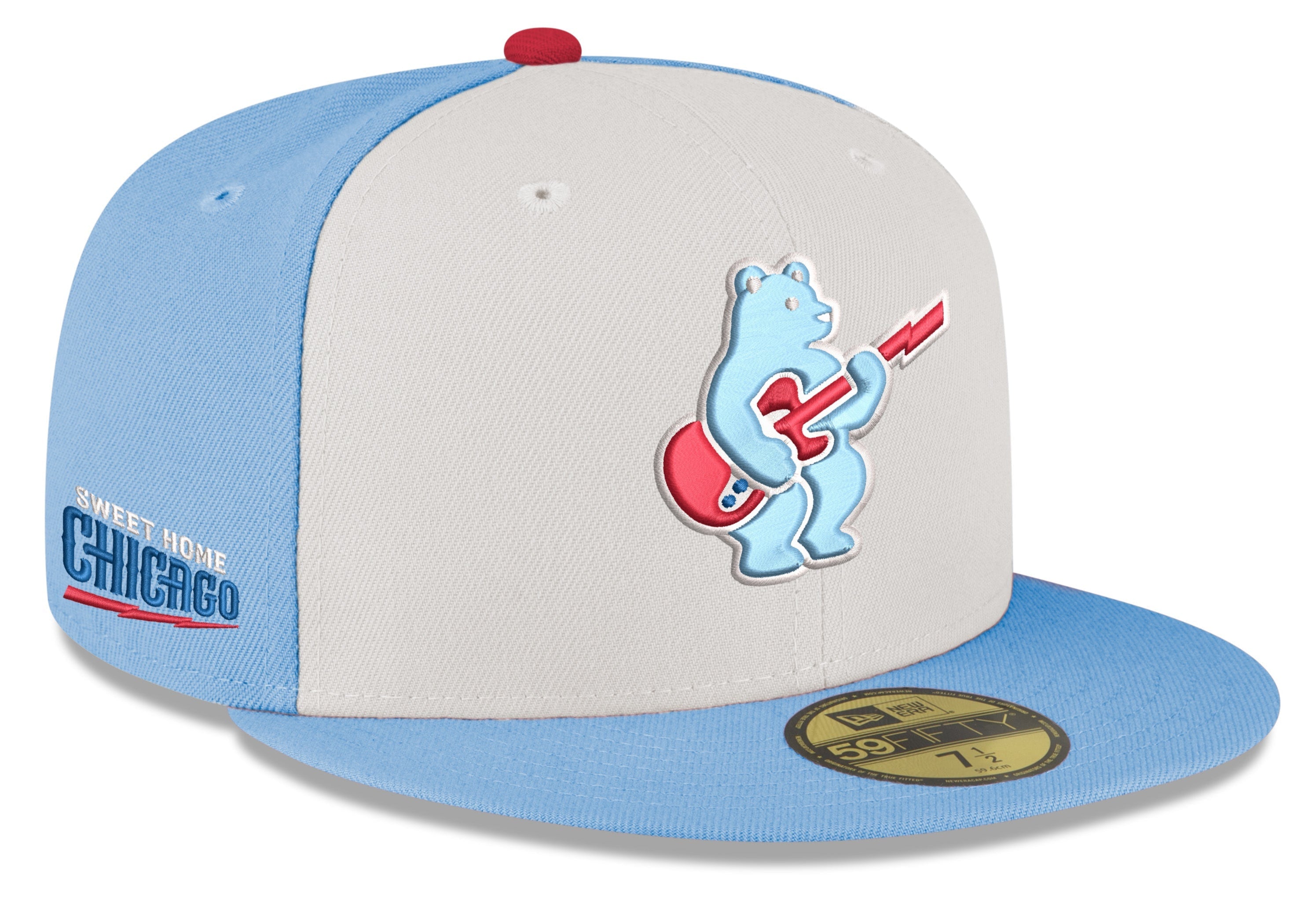 Men s Chicago Cubs New Era Chrome Sky Blue Guitar Bear Alternate 59FIFTY Fitted Hat Official Team Hat Sports Fan Cap Official MLB Team Hat Baseball