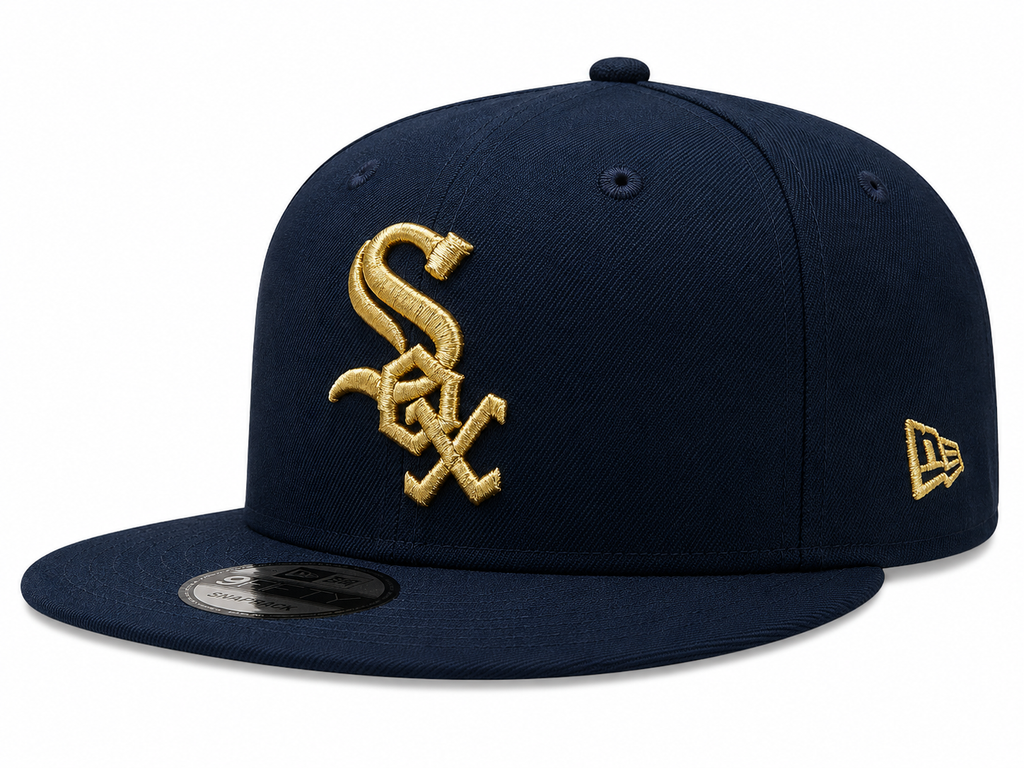 Mens Chicago White Sox New Era Black Gold Rush Cooperstown Collection Black and Gold 9FIFTY Snapback Hat Official Team Hat Sports Fan Cap Official