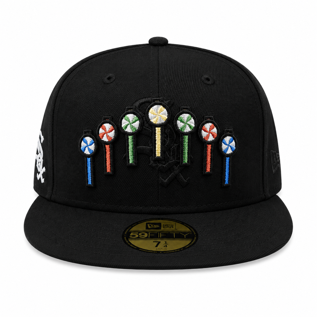 Chicago White Sox New Era Black Pinwheels 59FIFTY Fitted Hat Official Team Hat Sports Fan Cap Official MLB Team Hat Baseball Fan Cap