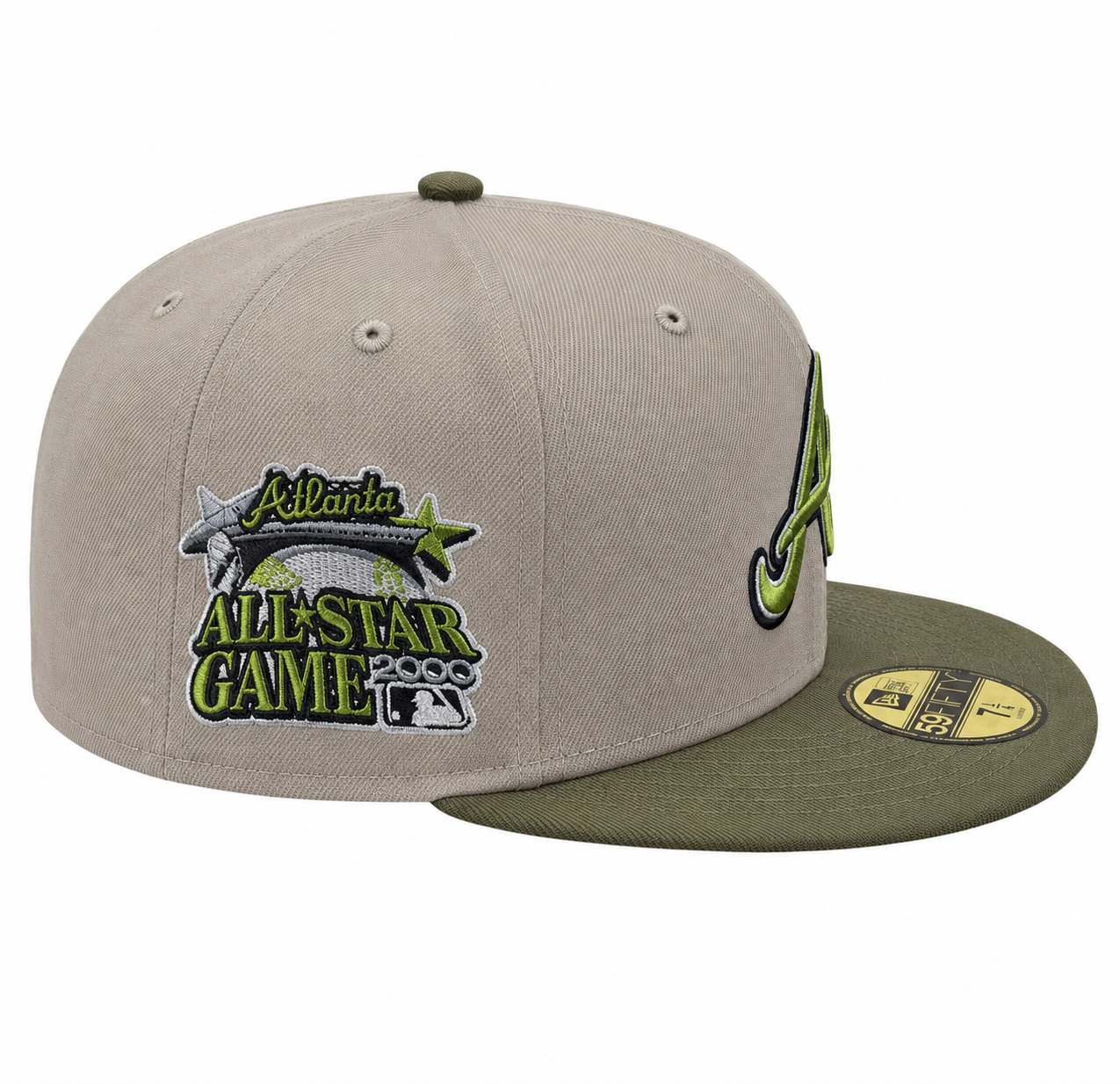 Atlanta Braves New Era 2 Tone Stone Green Bark Sevendust Home inspired 59FIFTY Fitted Hat Official Team Hat Sports Fan Cap Official MLB Team Hat