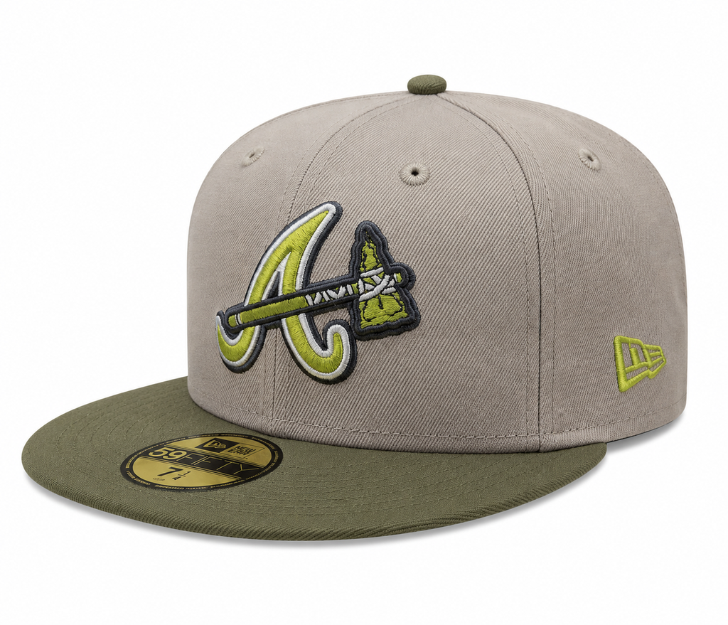 Atlanta Braves New Era 2 Tone Stone Green Bark Sevendust Home inspired 59FIFTY Fitted Hat Official Team Hat Sports Fan Cap Official MLB Team Hat