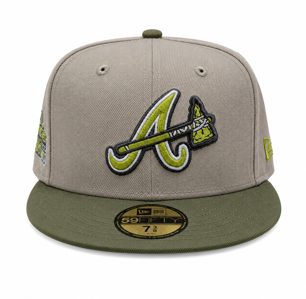 Atlanta Braves New Era 2 Tone Stone Green Bark Sevendust Home inspired 59FIFTY Fitted Hat Official Team Hat Sports Fan Cap Official MLB Team Hat