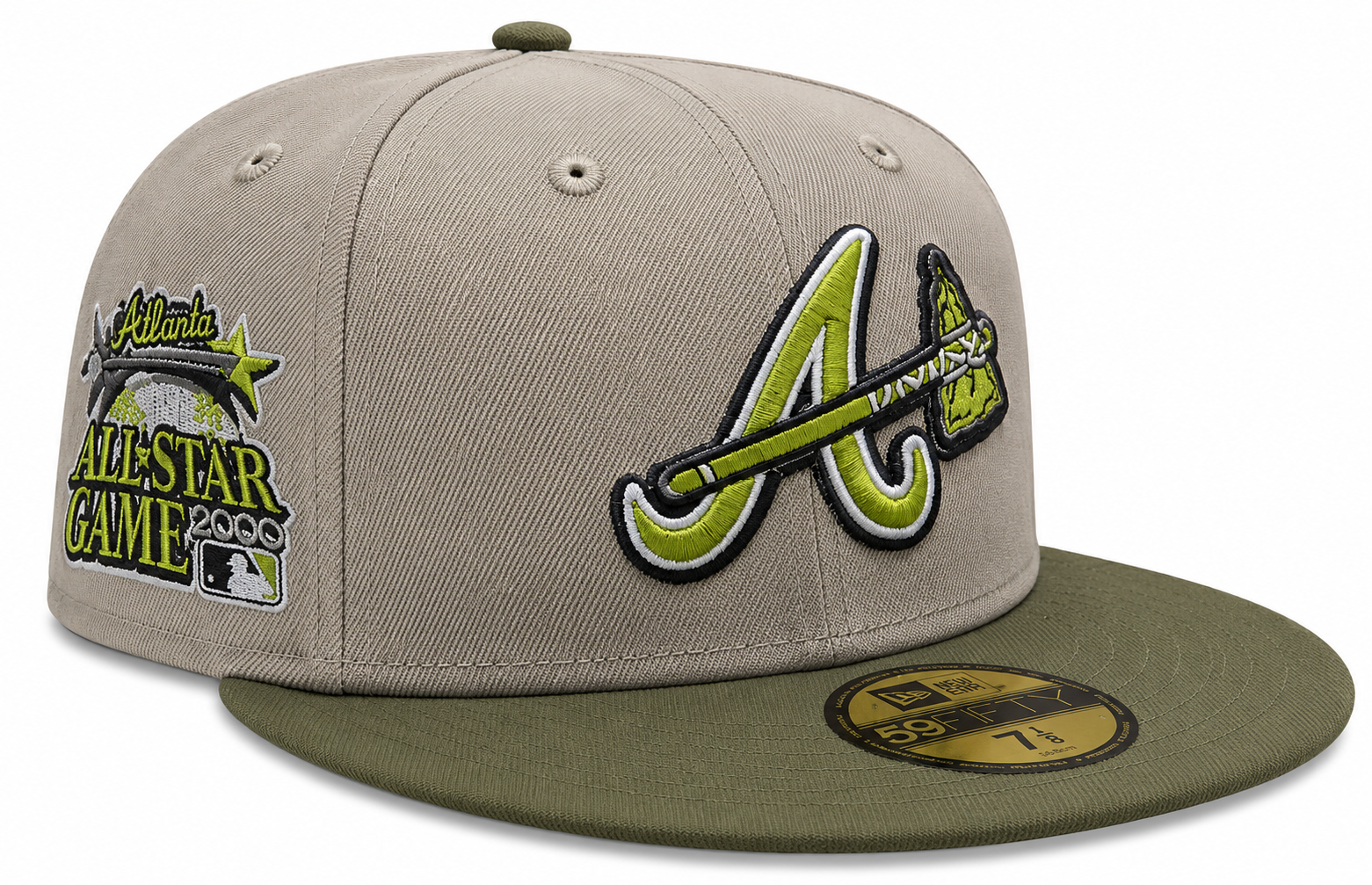Atlanta Braves New Era 2 Tone Stone Green Bark Sevendust Home inspired 59FIFTY Fitted Hat Official Team Hat Sports Fan Cap Official MLB Team Hat