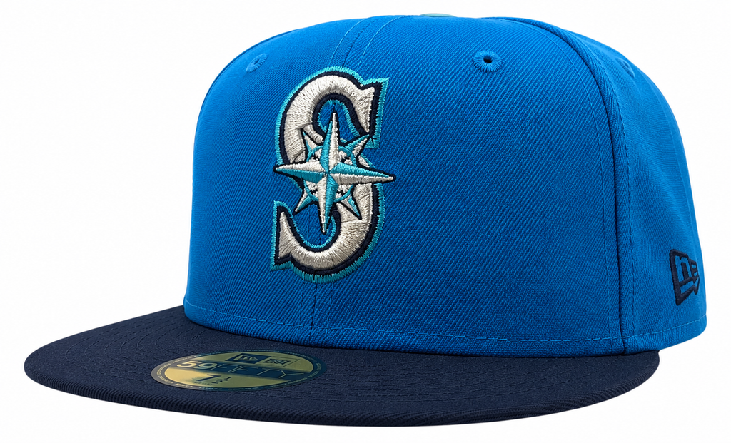 Seattle Mariners New Era 2 Tone Sunwash Ocean Blue Nirvana Nevermind Inspired 59FIFTY Fitted Hat Official Team Hat Sports Fan Cap Official MLB Team