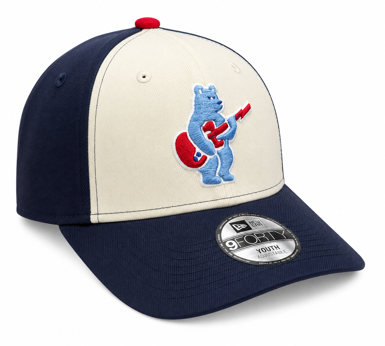 Youth Chicago Cubs Alternate 2 Guitar Bear 9FORTY Adjustable Chrome Navy Blue Cap By New Era Official Team Hat Sports Fan Cap Official MLB Team Hat