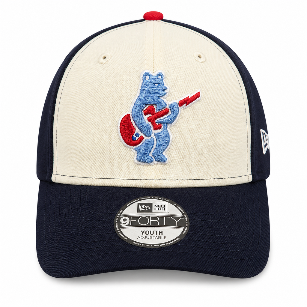 Youth Chicago Cubs Alternate 2 Guitar Bear 9FORTY Adjustable Chrome Navy Blue Cap By New Era Official Team Hat Sports Fan Cap Official MLB Team Hat