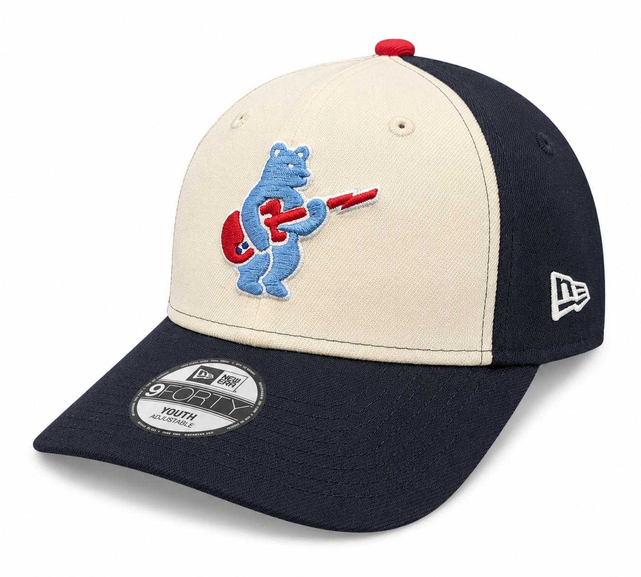 Youth Chicago Cubs Alternate 2 Guitar Bear 9FORTY Adjustable Chrome Navy Blue Cap By New Era Official Team Hat Sports Fan Cap Official MLB Team Hat