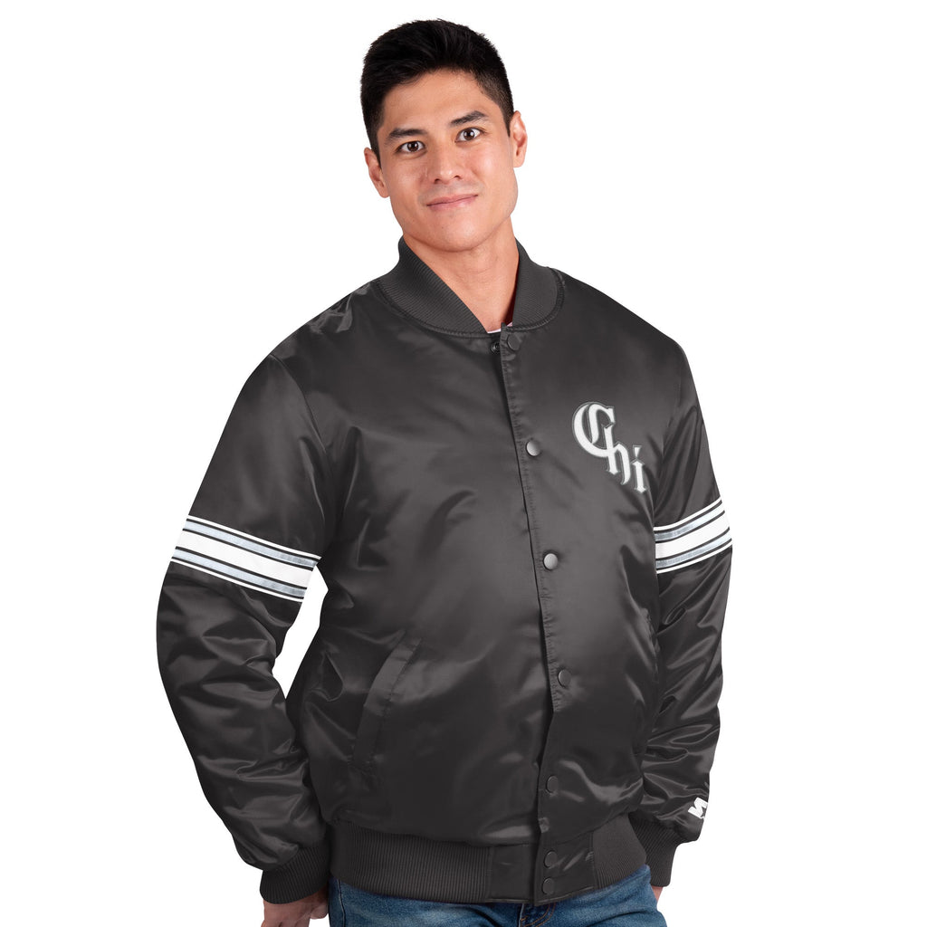 Men s Chicago White Sox City Connect Pick And Roll Starter Satin Jacket-Black Official Sports Fan Gear Popular Style Baseball Fan Gear