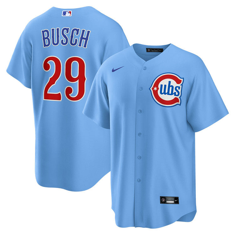 NIKE Men s Chicago Cubs Michael Busch 29 Light Blue 2nd Alternate Replica Jersey Official Team Jersey Sports Fan Apparel Official MLB Team Jersey
