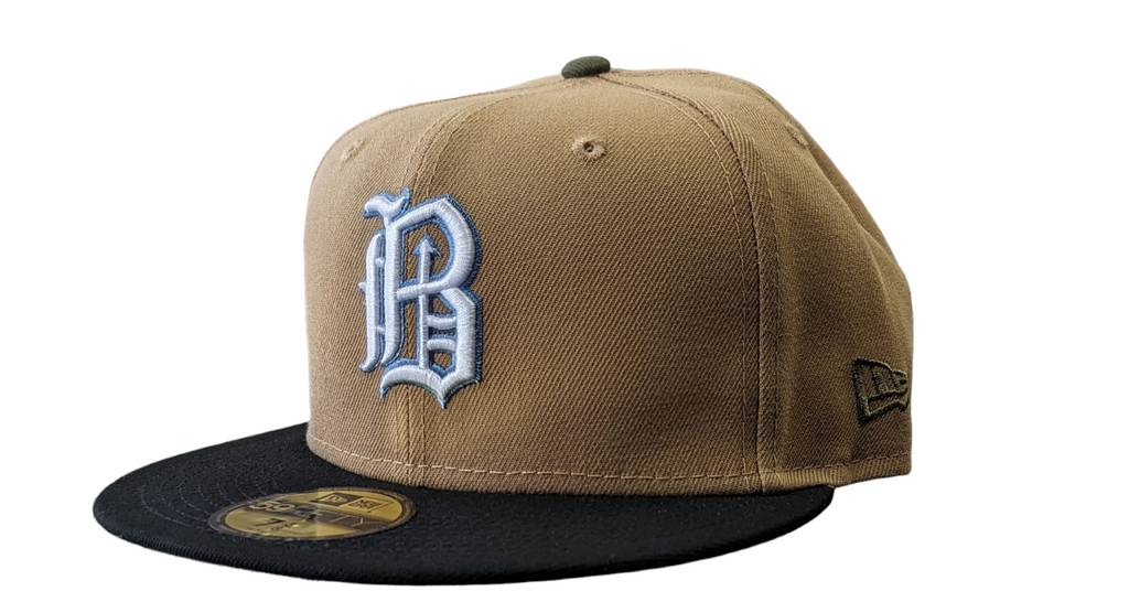 Birmingham Barons Biff New Era Southern League Khaki Black Olive 59FIFTY Fitted Hat Official Team Hat Sports Fan Cap Official MLB Team Hat Baseball