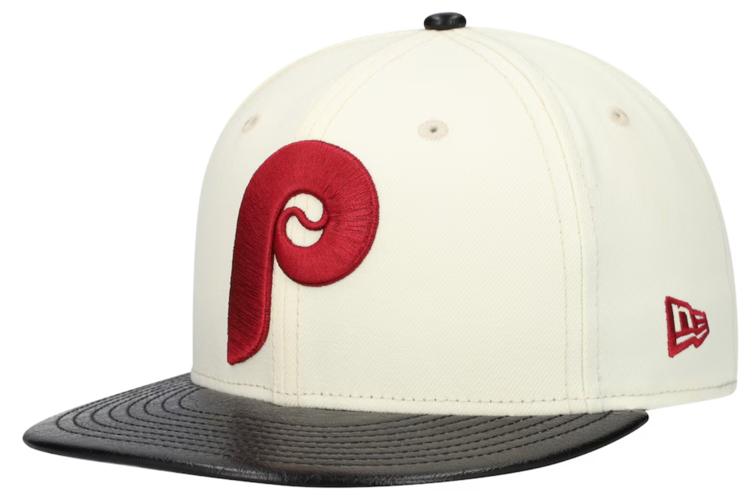 Philadelphia Phillies Cooperstown Collection Cream Black Leather Visor New Era 59FIFTY Fitted Hat Official Team Hat Sports Fan Cap Official MLB Team