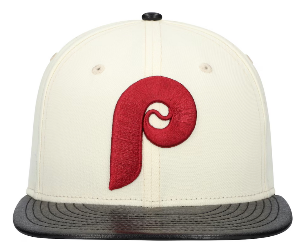 Philadelphia Phillies Cooperstown Collection Cream Black Leather Visor New Era 59FIFTY Fitted Hat Official Team Hat Sports Fan Cap Official MLB Team