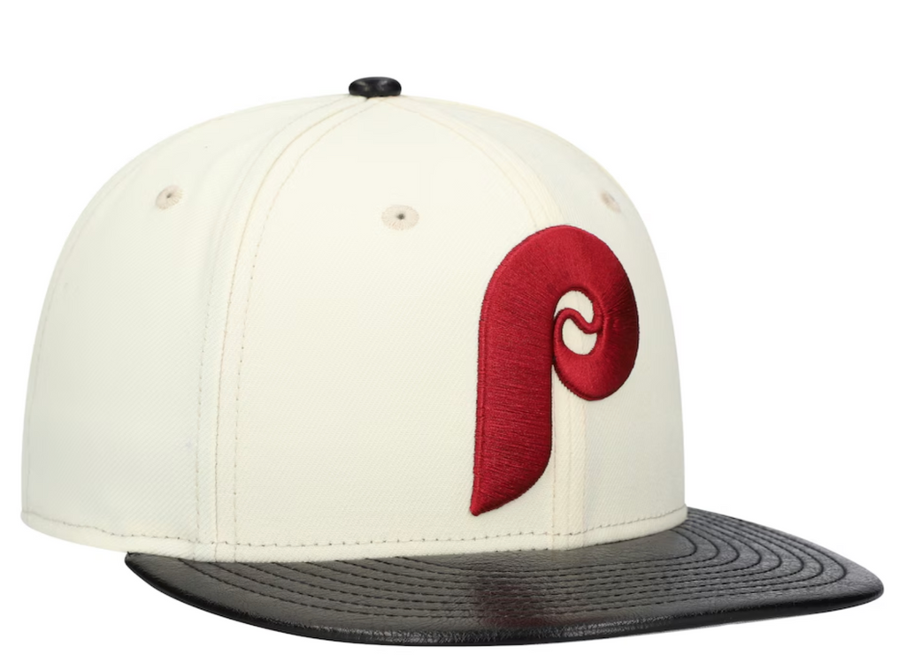 Philadelphia Phillies Cooperstown Collection Cream Black Leather Visor New Era 59FIFTY Fitted Hat Official Team Hat Sports Fan Cap Official MLB Team