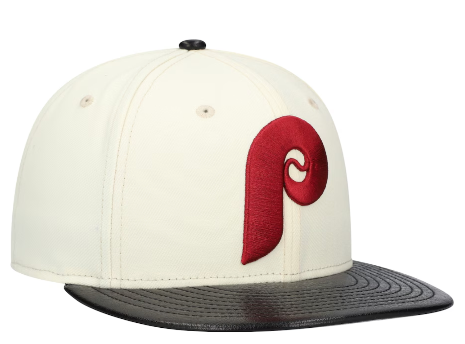 Philadelphia Phillies Cooperstown Collection Cream Black Leather Visor New Era 59FIFTY Fitted Hat Official Team Hat Sports Fan Cap Official MLB Team