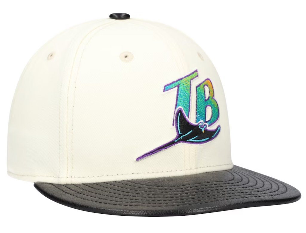 Tampa Bay Devil Rays Cooperstown Collection Cream Black Leather Visor New Era 59FIFTY Fitted Hat Official Team Hat Sports Fan Cap Official MLB Team