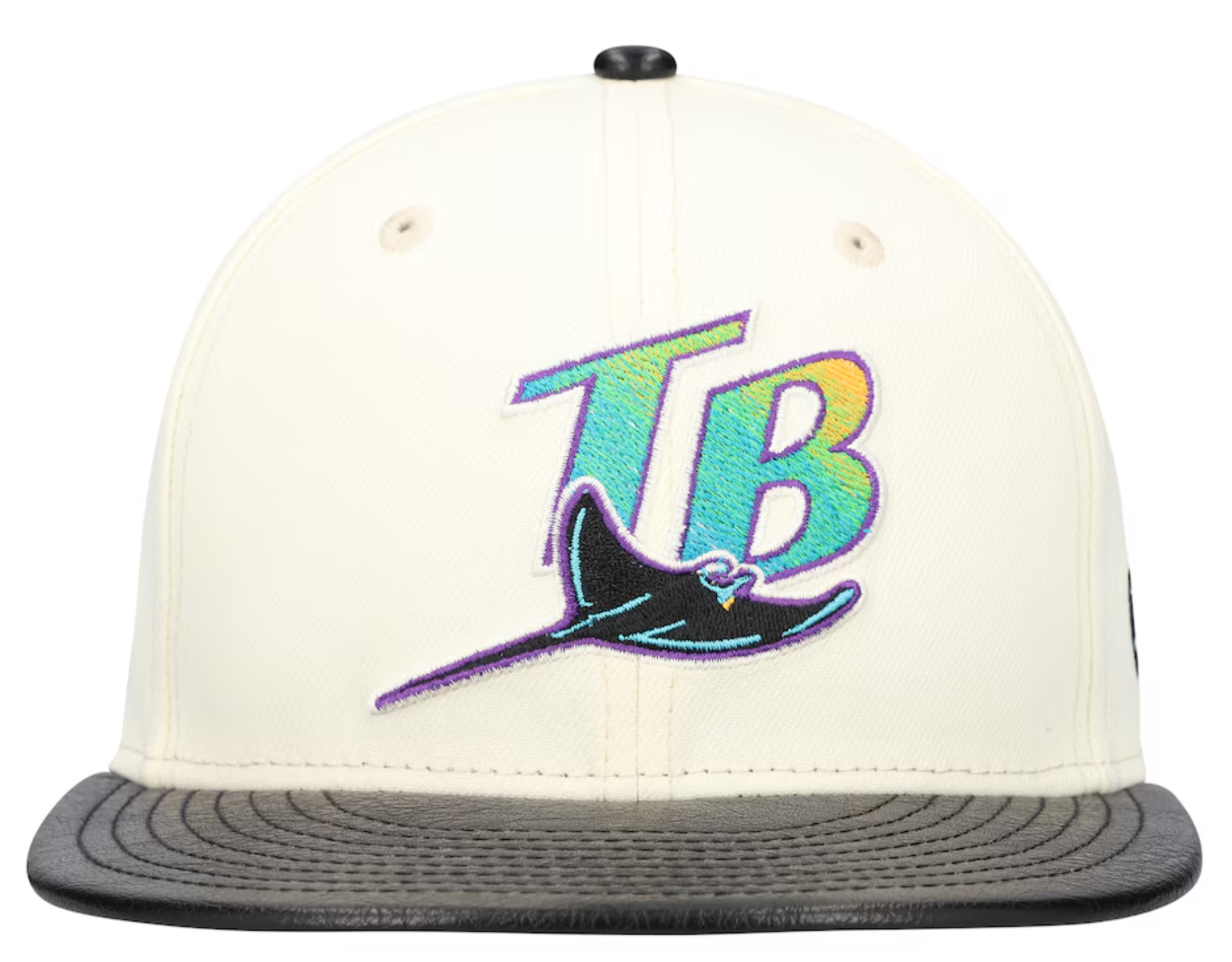 Tampa Bay Devil Rays Cooperstown Collection Cream Black Leather Visor New Era 59FIFTY Fitted Hat Official Team Hat Sports Fan Cap Official MLB Team