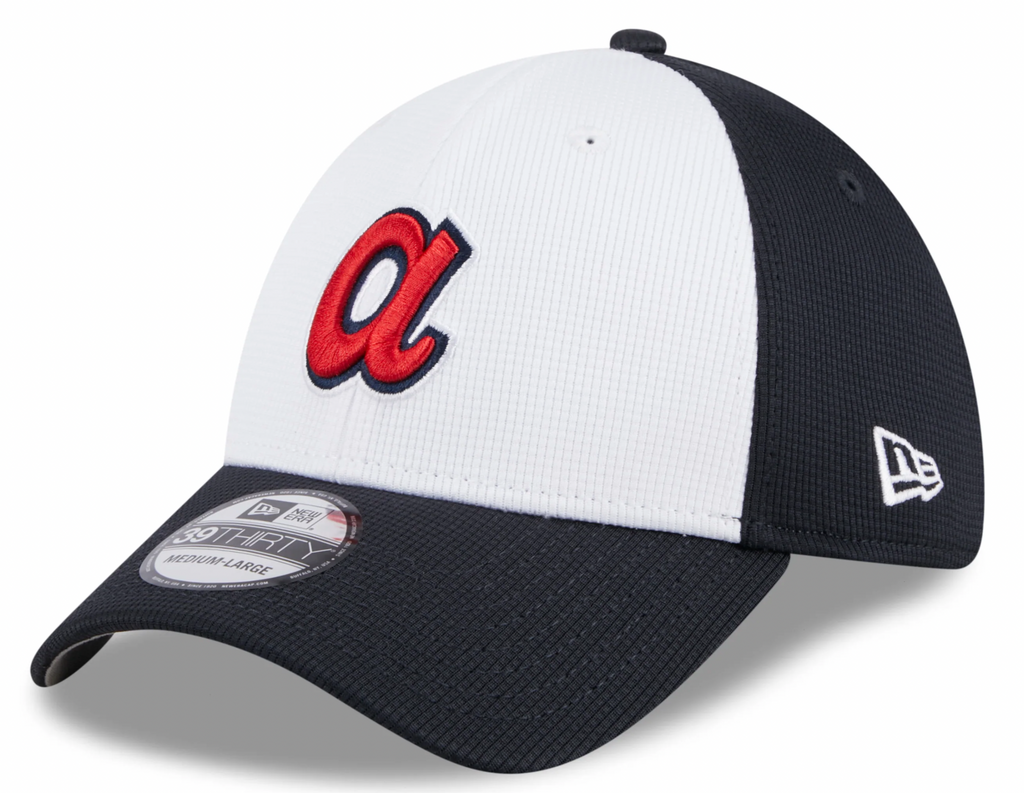 Mens New Era Atlanta Braves White Navy 2024 Batting Practice 39Thirty Flex Fit Cap Official Team Hat Sports Fan Cap Official MLB Team Hat Baseball