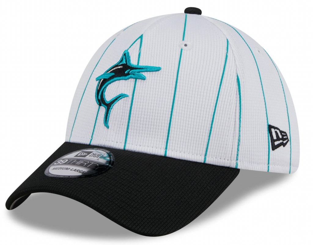 Men s Miami Marlins New Era 2024 Batting Practice White Black 39THIRTY Flex-Fit Hat Official Team Hat Sports Fan Cap Official MLB Team Hat Baseball