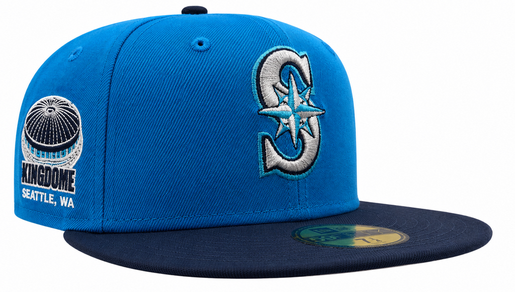 Seattle Mariners New Era 2 Tone Sunwash Ocean Blue Nirvana Nevermind Inspired 59FIFTY Fitted Hat Official Team Hat Sports Fan Cap Official MLB Team