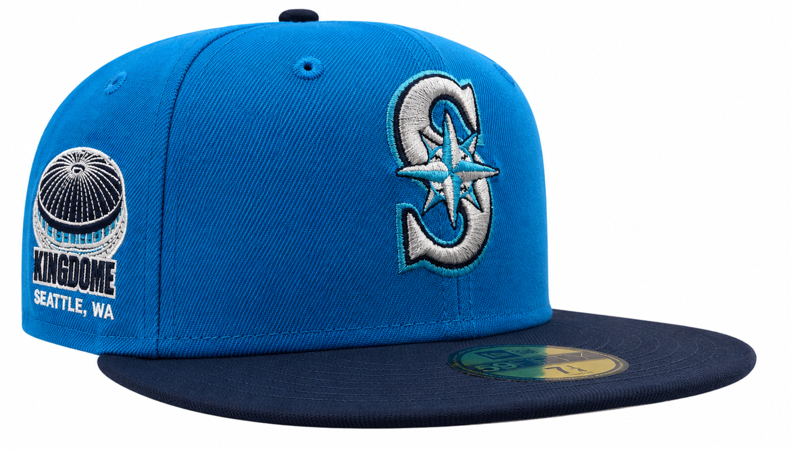 Seattle Mariners New Era 2 Tone Sunwash Ocean Blue Nirvana Nevermind Inspired 59FIFTY Fitted Hat Official Team Hat Sports Fan Cap Official MLB Team