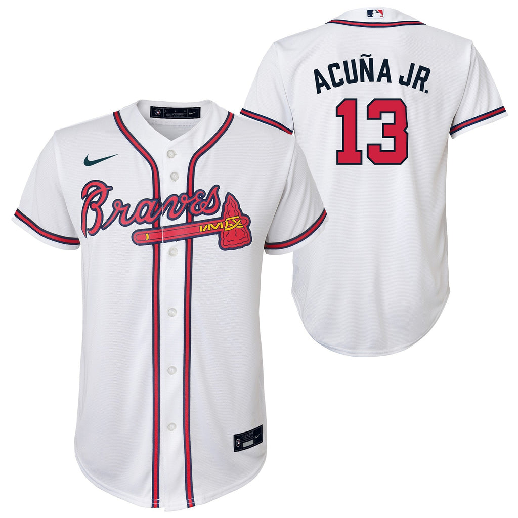 Youth Ronald Acuna Jr Atlanta Braves White Home Replica NIKE Screen Print Jersey Official Team Jersey Sports Fan Apparel Official MLB Team Jersey