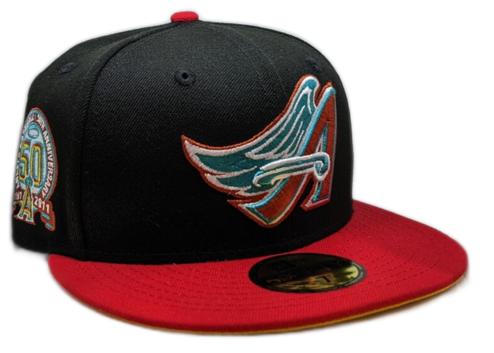 Anaheim Angels New Era 2 Tone Black Red Guns N Roses Inspired Rock Pack 59FIFTY Fitted Hat Official Team Hat Sports Fan Cap Official MLB Team Hat